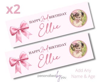 2 x Personalised Birthday Banners Large Pink BOWS PHOTO Add Name & Age Free Delivery 16th 18th 21st 30th 40th 50th 60th
