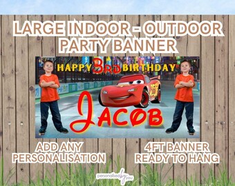 Banners de cumpleaños personalizados para exteriores e interiores. Agregar foto. Tema de Cars Lightning Mcqueen. Agregar nombre y foto de edad. Entrega gratuita. 4 pies.