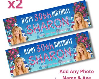2 x Banners fotográficos personalizados para cumpleaños grandes con temática griega de los años 60. Agregar nombre, edad y foto. Entrega gratuita