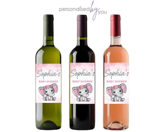 3 x Personalised Custom Wine Bottle Label Sticker Baby Shower Pink Elephant FREE DELIVERY