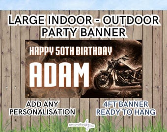 Personalised OUTDOOR Indoor Birthday Banners MOTORBIKE Biker Theme Add PHOTO Name & Age Free Delivery 4FT