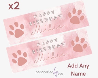 2 x Personalised Birthday Banners Large Pink Paw Prints Add Name & Age Free Delivery