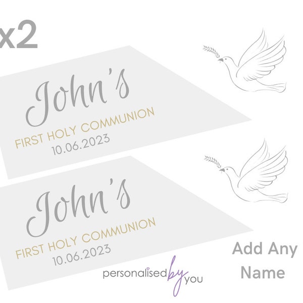 2 x Personalised First Holy Communion Banners Large Grey/Silver Add Name Free Delivery