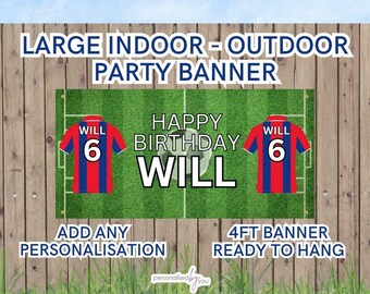 Personalised Football Theme RED and Blue OUTDOOR INDOOR Birthday Banner Poster Large Add Name & Age Free Delivery 4FT