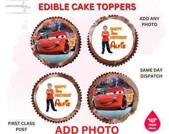 EDIBLE Cupcake photo CAKE Toppers Personalised Cars Theme  Lightning McQueen Printed Icing or Rice Wafer 2"