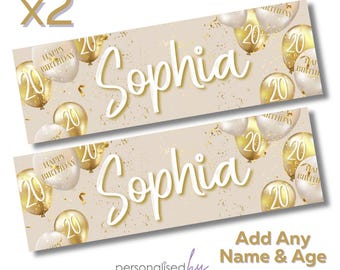 May include: Two rectangular banners featuring a beige background with gold and white balloons printed with the number 20 and the text Happy Birthday. The name Sophia is written in large white script in the center. Text reads Add Any Name & Age.