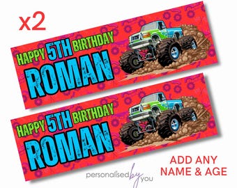 2x MONSTER TRUCK Theme Happy Birthday Banner LARGE Poster Any Name Age Free Delivery