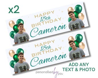 2 x Personalised Birthday Photo Banners Large Green Gold Add Name & Age Free Delivery