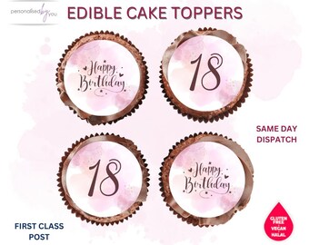 EDIBLE Cupcake Cake Toppers Pink 18th Birthday Printed Icing 2" FREE DELIVERY