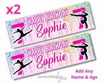 2 x Personalised Birthday Banners Large GYMNASTICS Theme Add Name Age & Photo Free Delivery PINK