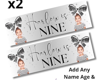 2 x Personalised Bows Black Sparkle Theme Birthday Baby Shower Banners Large Pink Add Photo ANY TEXT FREE Delivery
