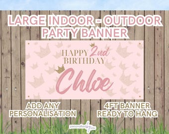 Personalised INDOOR OUTDOOR Birthday Banner Poster Large Pink Gold Crown Princess Theme Add Name Free Delivery 4FT