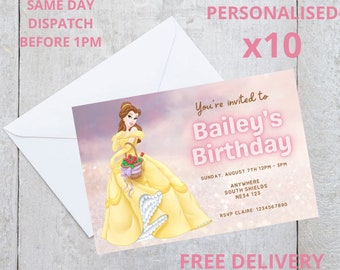 10x Personalised PRINTED Belle Party Invitations Invites FREE DELIVERY