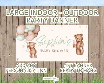 Personalised OUTDOOR Baby Shower Banners Large Green Bear Theme Add Name & Age Free Delivery 4FT
