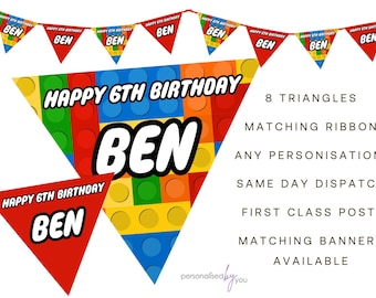 Banderines decorativos personalizados con temática de bloques de construcción para fiesta de cumpleaños. ENTREGA GRATUITA.