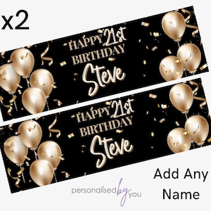 2 x Personalised Birthday Banners Large Gold & Black Add Name Age Free Delivery image 1