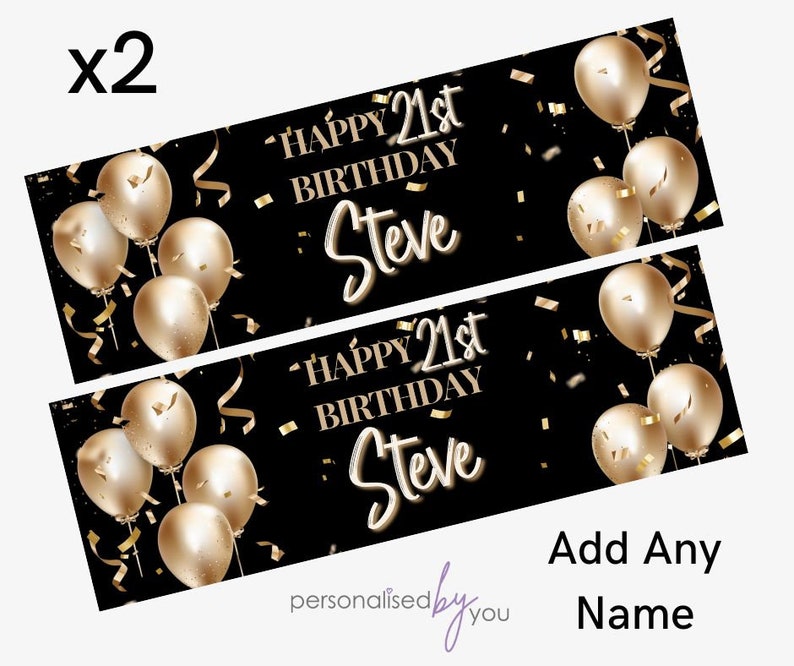 2 x Personalised Birthday Banners Large Gold & Black Add Name Age Free Delivery image 1