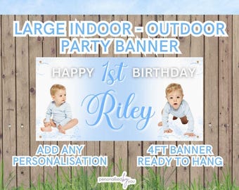 Personalised Blue Theme OUTDOOR INDOOR 1st Birthday Banner Poster Large Add Name, Age & PHOTO Free Delivery 4FT