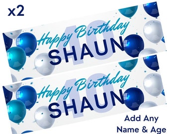2 x Personalised Birthday Banners Large Blue Add Name & Age Free Delivery