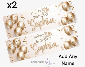 2 x Personalised Birthday Banners Large Gold Add Name & Age Free Delivery