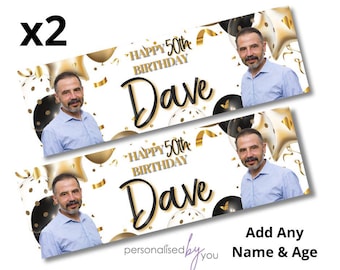2 x Personalised Birthday Photo Banners Large BLACK Gold Add Name & Age Free Delivery