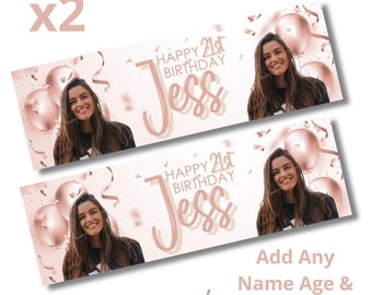 2 x Personalised Birthday Photo Banners Large Rose Gold Add Name & Age Free Delivery
