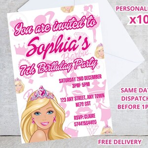 10 x Personalised PRINTED Barbie Pink Party Invitations Invites FREE DELIVERY