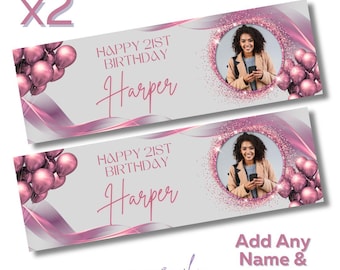 2 x Personalised Birthday Photo Banners Large PINK/GREY Add Name & Age Photo Free Delivery