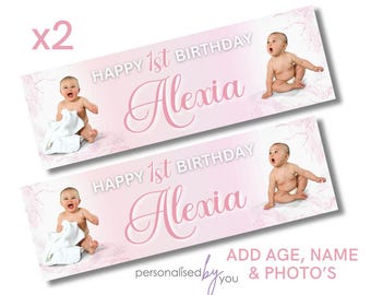 2 x Personalised Baby Birthday Baby Shower Banners Large Pink Add Photo ANY TEXT FREE Delivery