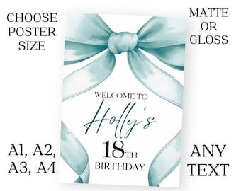 Personalised Teal Bow Birthday Party Sign Poster Banner ANY Names A1 A2 A3 A4 Free Delivery