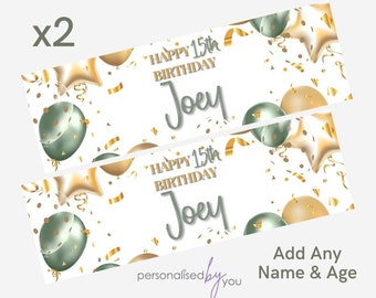 2 x Personalised Birthday Banners Large Sage Green Gold Add Name & Age Free Delivery