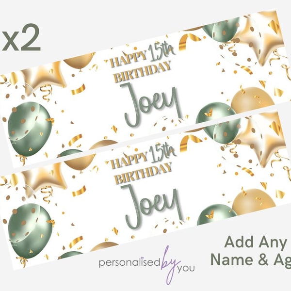2 x Personalised Birthday Banners Large Sage Green Gold Add Name & Age Free Delivery