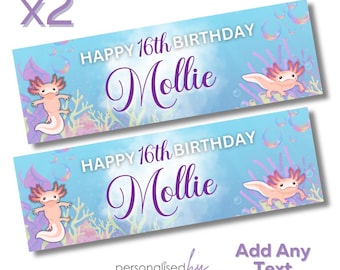 2 x Personalised Axolotl Theme Birthday Banners Large Blue Add ANY TEXT FREE Delivery