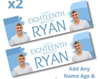 2 x Personalised Birthday Photo Banners Large BLUE Add Name & Age Free Delivery