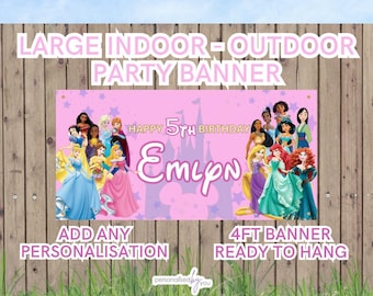 Personalised OUTDOOR Birthday Banners Large Disney Princess Add Name & Age Free Delivery 4FT