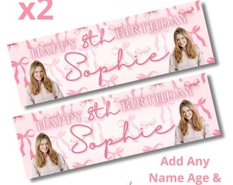 2 x Personalised Bows Pink Birthday Baby Shower Banners Large Pink Add Photo ANY TEXT FREE Delivery