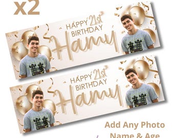 2 x Personalised Birthday Photo Banners Large Gold Add Name & Age Free Delivery