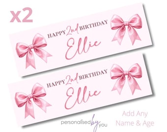 2 x Personalised Birthday Banners Large Pink BOWS Add Name & Age Free Delivery 16th 18th 21st 30th 40th 50th 60th
