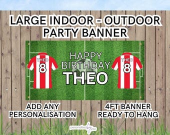 Personalised Football Theme Red and White Stripes OUTDOOR INDOOR Birthday Banner Poster Large Add Name & Age Free Delivery 4FT