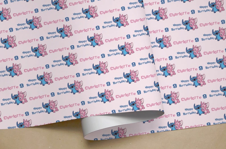 Personalised Pink STITCH HAPPY BIRTHDAY Gift Wrapping Paper Add Any Name & Age image 1