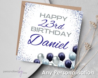 Personalised NAVY BLUE Balloons Birthday Card Any Name, Age & Message Free Delivery