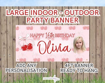 Personalised Cherries and Bows Theme Birthday OUTDOOR INDOOR Birthday Banner Poster Large Add Name, Age & PHOTO Free Delivery 4FT
