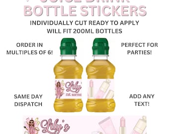 Personalised PRINTED Juice Bottle Fruit Shoot Stickers Labels Pink Makeup Theme Brown hair