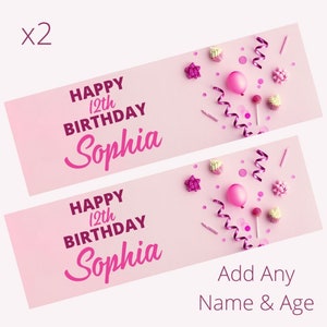 2 x Personalised Birthday Banners Large PINK Add Name & Age Free Delivery