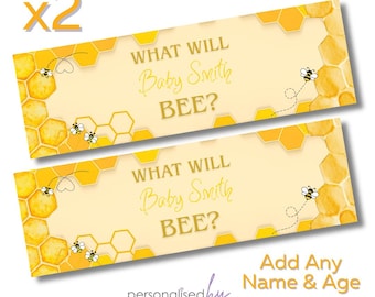 2 x Personalised Baby Shower Gender Reveal Banners Large Bee Theme ANY TEXT FREE Delivery