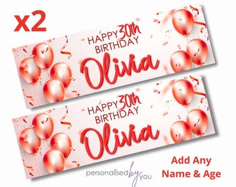 2 x Personalised Birthday Banners Large Red Add Name & Age Free Delivery