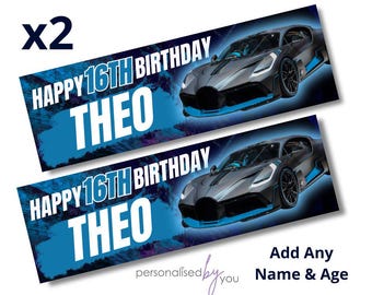 2 x Personalised Birthday Banners Large SPORTS CAR Theme Add Name & Age Free Delivery