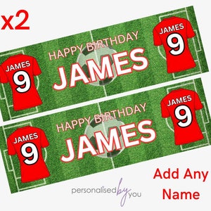 May include: Two printable labels for a birthday party. The labels feature a green soccer field with a white soccer ball, a red soccer jersey with the name "JAMES" and the number "9" on it, and the text "HAPPY BIRTHDAY JAMES".
