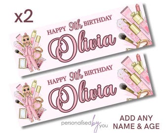 2 x Personalised Birthday Banners Large Makeup Theme Blonde Hair Add Name & Age Free Delivery