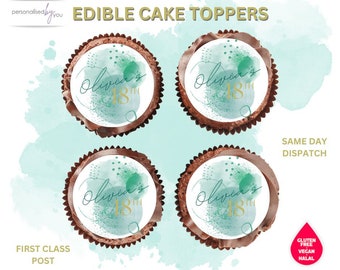 EDIBLE Cupcake Cake Toppers Personalised Green Sage Gold Birthday Theme Printed Icing or Rice Wafer 2"